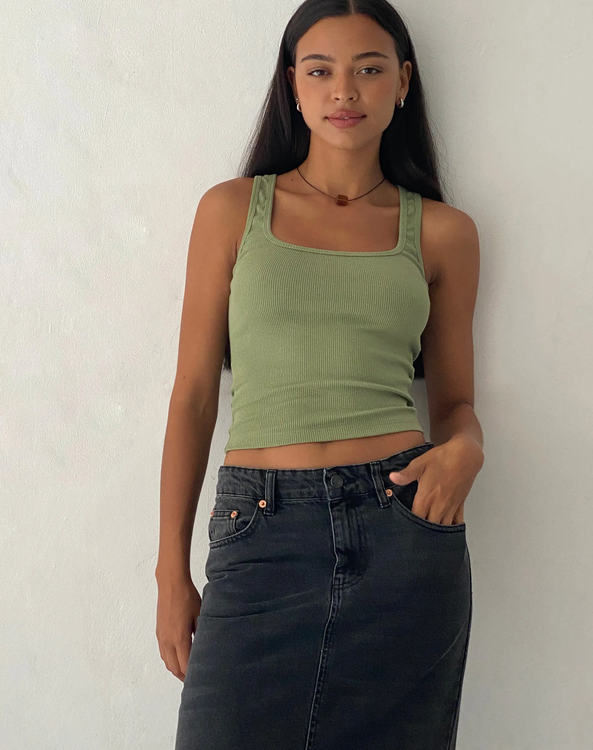 Motel Rocks Basics | Vest Tops-Roxe Ribbed Vest Top in Dark Sage DarkSage