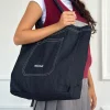 Motel Rocks Accessories-Ruka Tote Bag in Denim Indigo with White Motel Embroidery