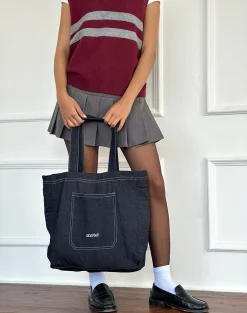 Motel Rocks Accessories-Ruka Tote Bag in Denim Indigo with White Motel Embroidery