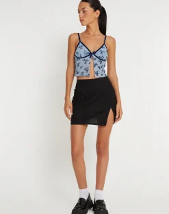 Motel Rocks Printed Tops-Rumako Open Front Crop Top in Light Blue Black Botanist Flocking