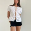 Motel Rocks Basic Tops | Going Out Tops-Ryota Tie Front Blouse in White with White Binding WhitewithWhiteBinding