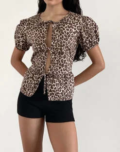 Motel Rocks Shirts And Blouses-Ryota Tie Front Blouse in Leopard Sandstorm LeopardSandstorm
