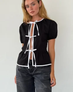 Motel Rocks Tailoring | Shirts And Blouses-Ryota Tie Front Blouse in Black with White Binding BlackwithWhiteBinding