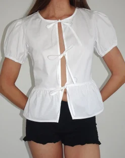 Motel Rocks Basic Tops | Going Out Tops-Ryota Tie Front Blouse in White with White Binding WhitewithWhiteBinding