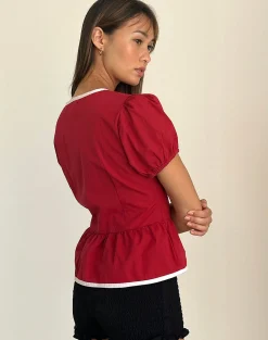 Motel Rocks Tailoring | Shirts And Blouses-Ryota Tie Front Blouse in Adrenaline Red with Pink Binding AdrenalineRedwithPinkBinding