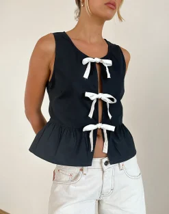 Motel Rocks Going Out Tops-Ryoti Top in Tap Shoe Black with Off White Bows