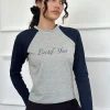 Motel Rocks Long Sleeve Tops-Sabani Top in Grey Marl Navy with Lucky You Print