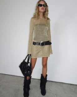 Motel Rocks Long Sleeve Dresses | Mini Dresses-Sachin Mini Dress in Gold Chain GoldChainSachin