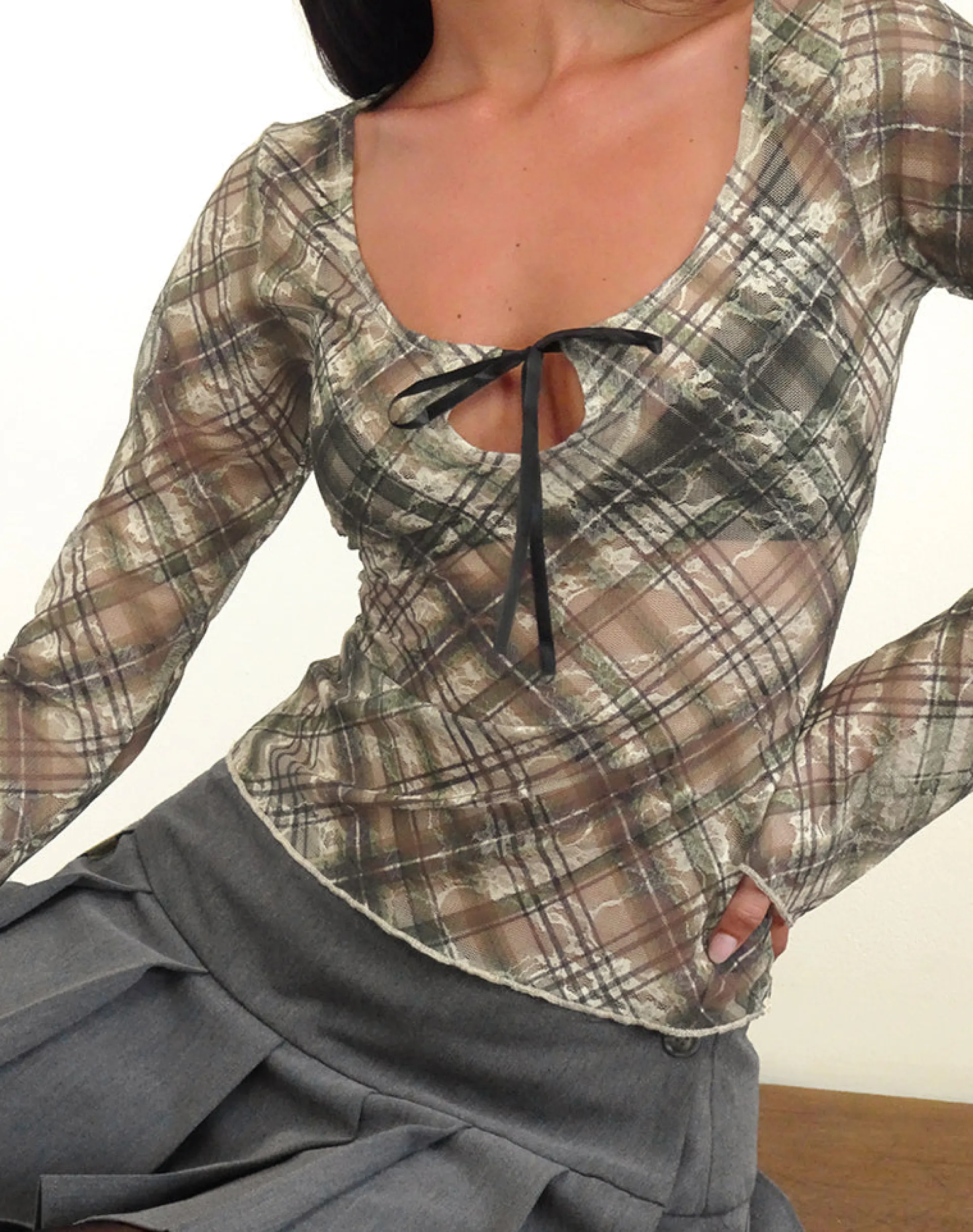 Motel Rocks Printed Tops | Long Sleeve Tops-Sada Long Sleeve Top in Printed Lace Retro Plaid PrintedLaceRetroPlaid
