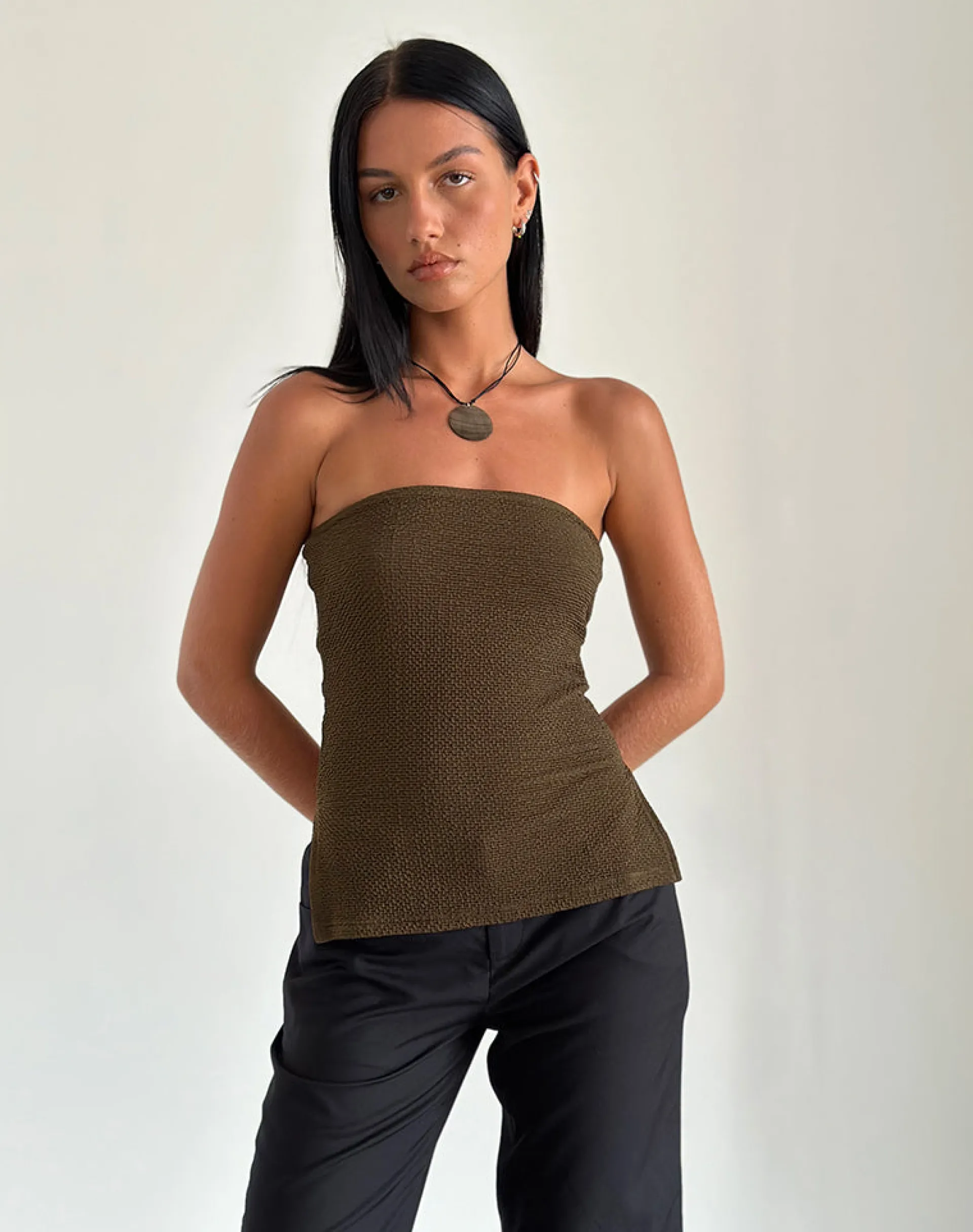 Motel Rocks Basic Tops | Bandeau Tops-Sadi Tube Top in Textured Chocolate