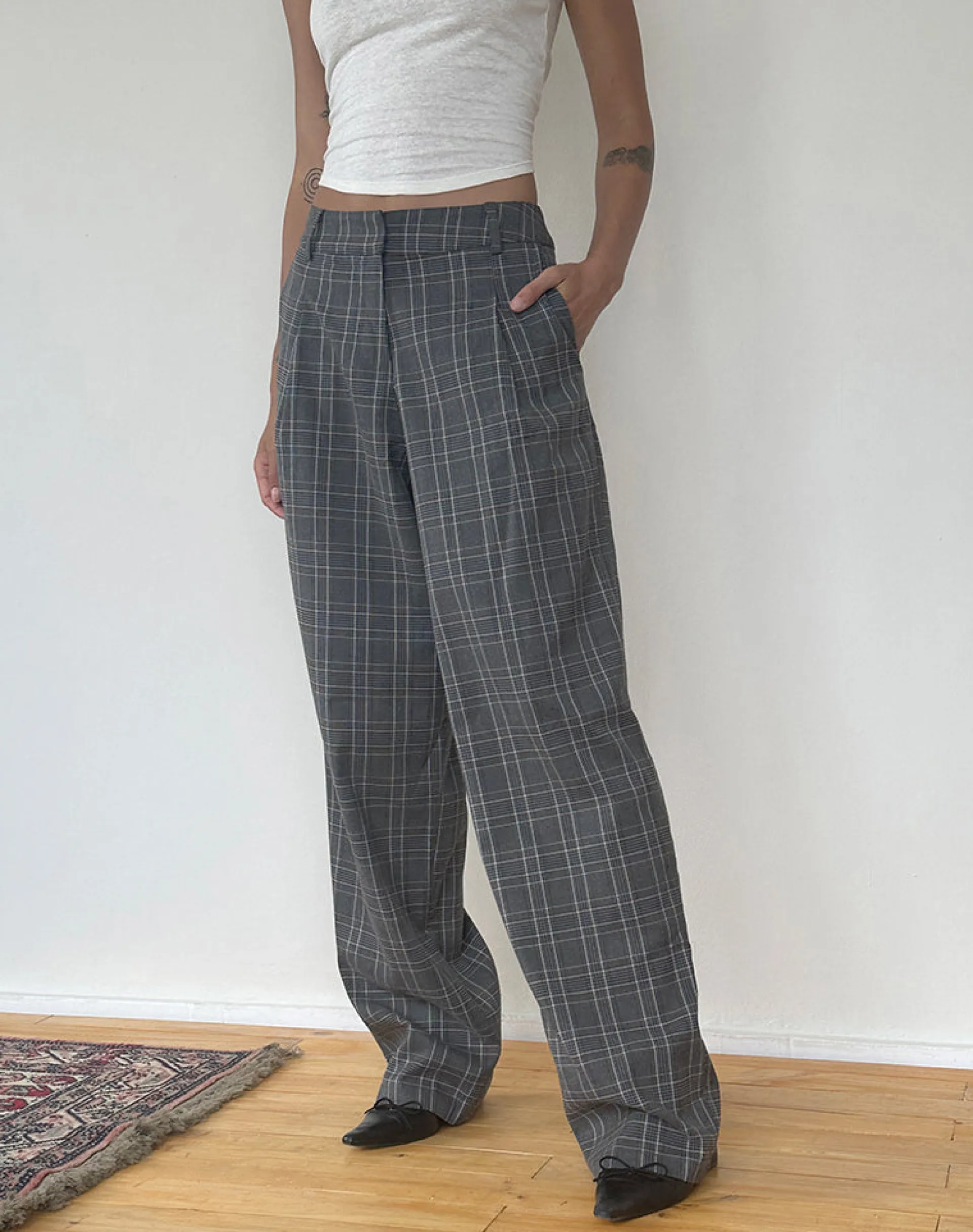Motel Rocks Basics | Low Rise Pants-Sakaria Wide Leg Trouser in Grey Check greycheck