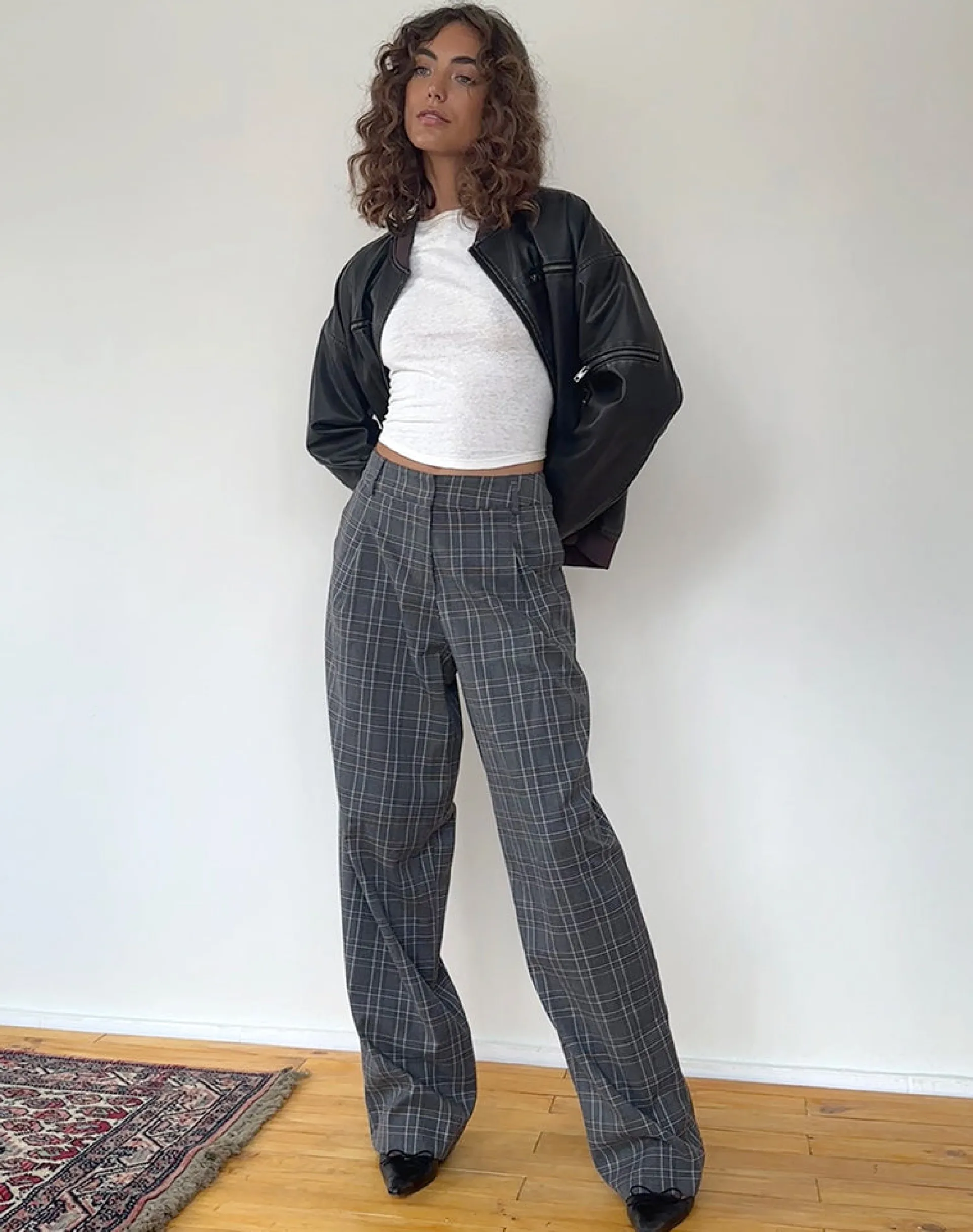 Motel Rocks Basics | Low Rise Pants-Sakaria Wide Leg Trouser in Grey Check greycheck