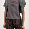 Motel Rocks Printed Tops-Sakha Boxy Tee in Dark Grey with London Print and Brown Binding DarkGreywithLondonPrintandBrownBinding