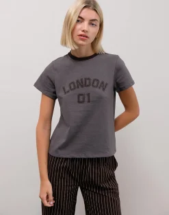 Motel Rocks Printed Tops-Sakha Boxy Tee in Dark Grey with London Print and Brown Binding DarkGreywithLondonPrintandBrownBinding