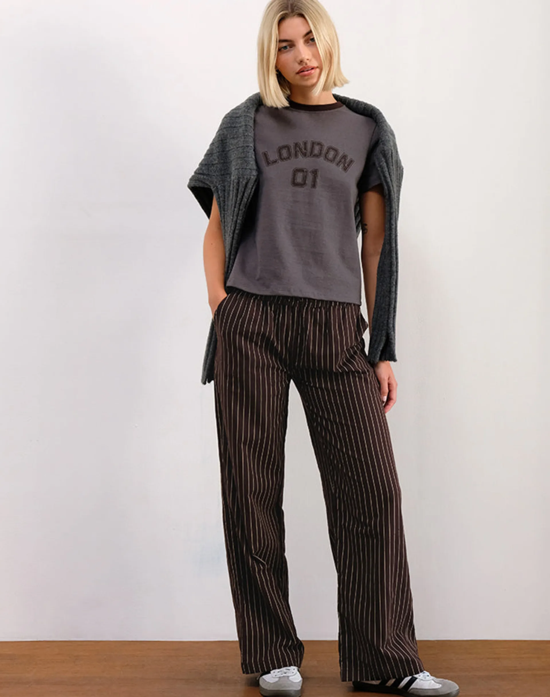 Motel Rocks Printed Tops-Sakha Boxy Tee in Dark Grey with London Print and Brown Binding DarkGreywithLondonPrintandBrownBinding