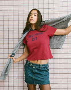 Motel Rocks Basic Tops | Tees-Sakha Boxy Top in Adrenaline Red with Blue New York Print AdrenalineRedwithBlueNewYorkPrint