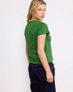 Motel Rocks Basic Tops | Printed Tops-Sakha Boxy Top in Elm Green with Yellow Binding and Berlin Emb ElmGreenwithYellowBindingandBerlinEmb