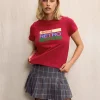 Motel Rocks Printed Tops | Tees-Saki Tee in Adrenaline Red with Motel Retro Club Motif AdrenalineRedwithMotelRetroClubMotif