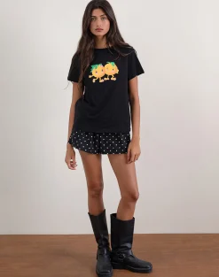 Motel Rocks Basic Tops | Printed Tops-Saki Tee in Black with Printed Squeeze Me Orange BlackwithPrintedSqueezeMeOrange