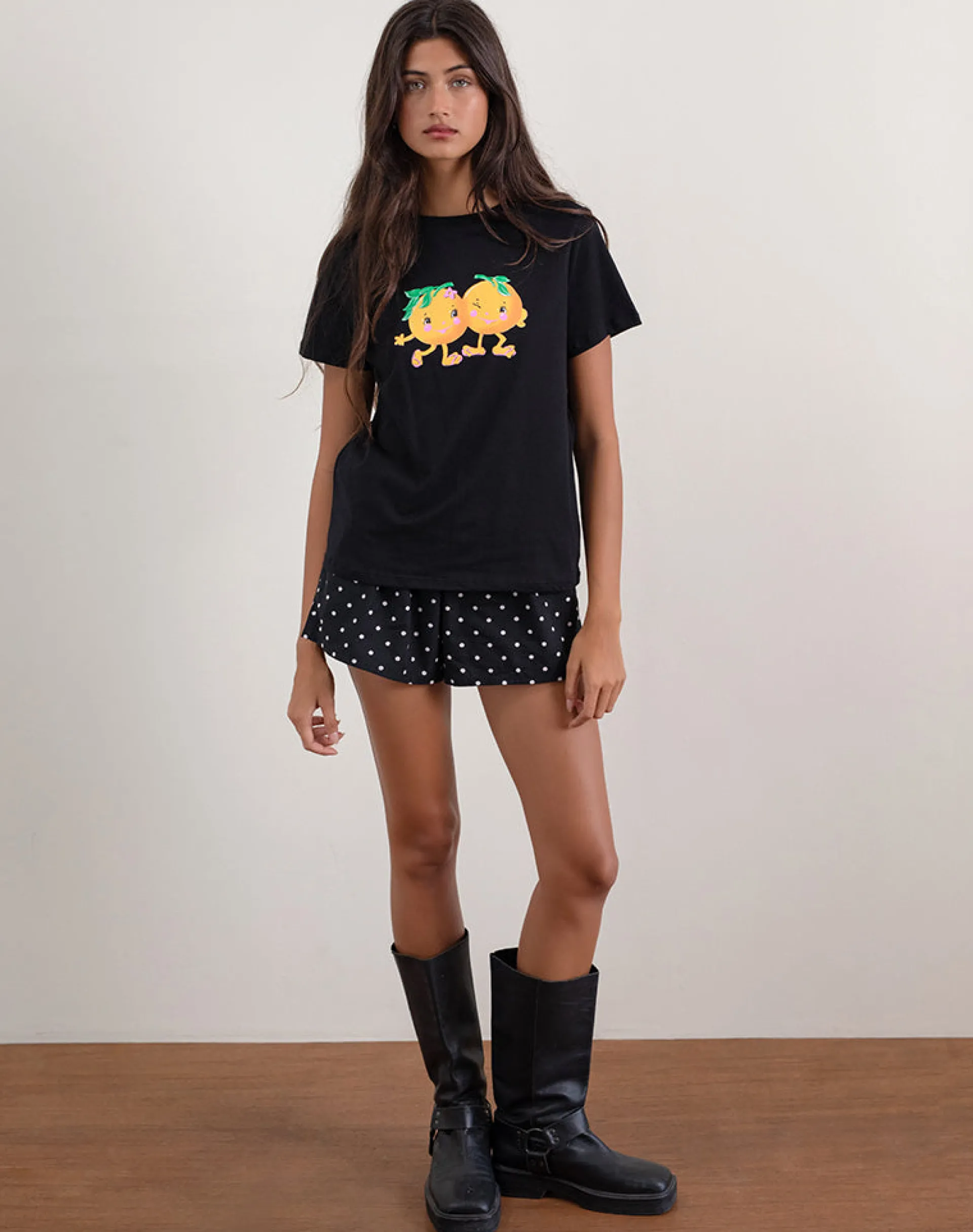 Motel Rocks Basic Tops | Printed Tops-Saki Tee in Black with Printed Squeeze Me Orange BlackwithPrintedSqueezeMeOrange