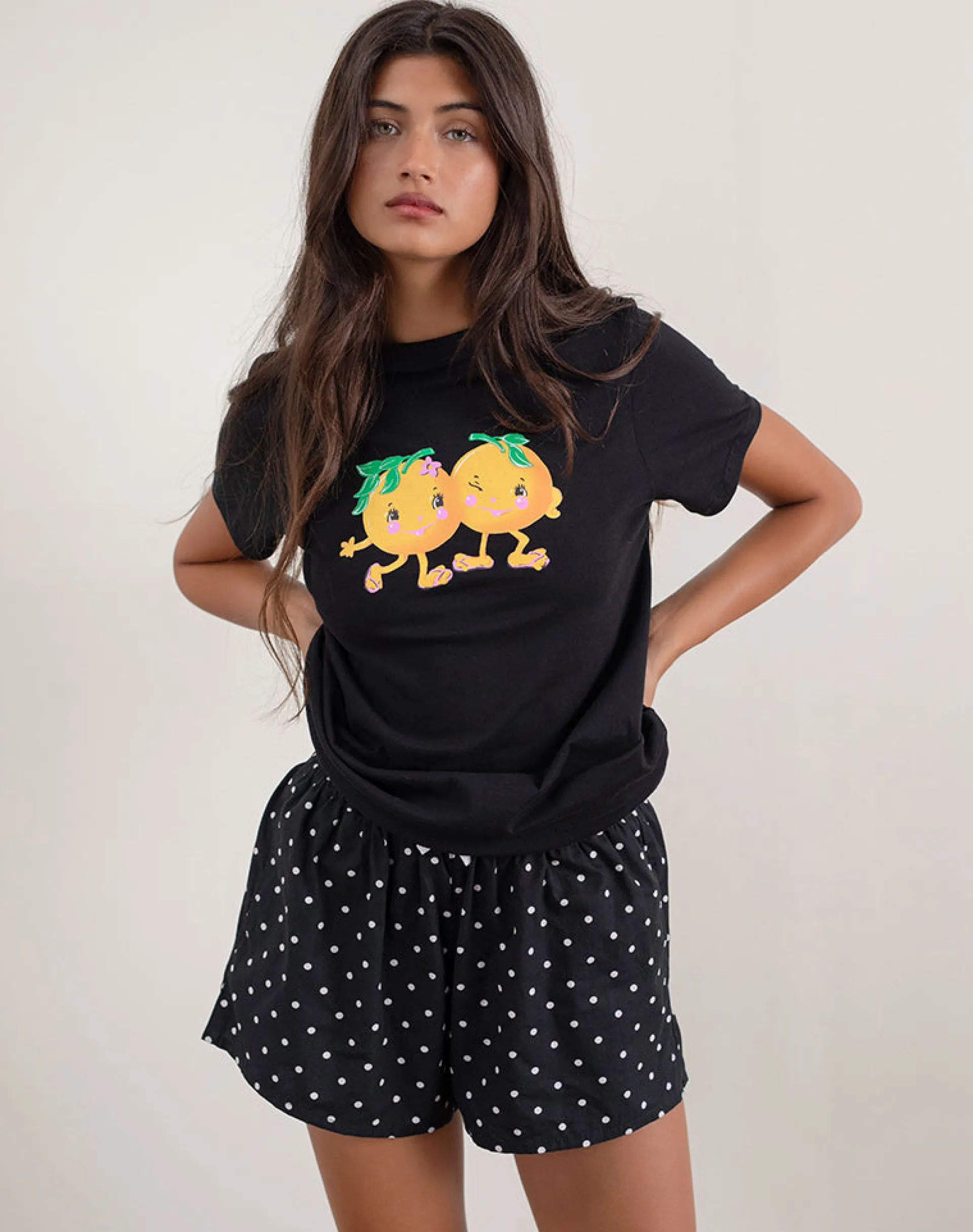Motel Rocks Basic Tops | Printed Tops-Saki Tee in Black with Printed Squeeze Me Orange BlackwithPrintedSqueezeMeOrange