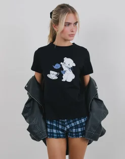 Motel Rocks Basic Tops | Tees-Saki Tee in Black With Tea Time Print BlackwithTeaTimePrint