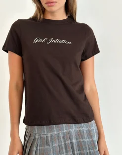 Motel Rocks Basic Tops | Printed Tops-Saki Tee in Chocolate Brown with Girl Intuition Print ChocolateBrownwithGirlIntuitionPrint