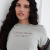 Motel Rocks Basic Tops | Printed Tops-Saki Tee in Grey Marl with I Prefer Books Over Boys Slogan GreyMarlwithIPreferBooksOverBoysSlogan