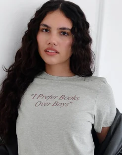Motel Rocks Basic Tops | Printed Tops-Saki Tee in Grey Marl with I Prefer Books Over Boys Slogan GreyMarlwithIPreferBooksOverBoysSlogan