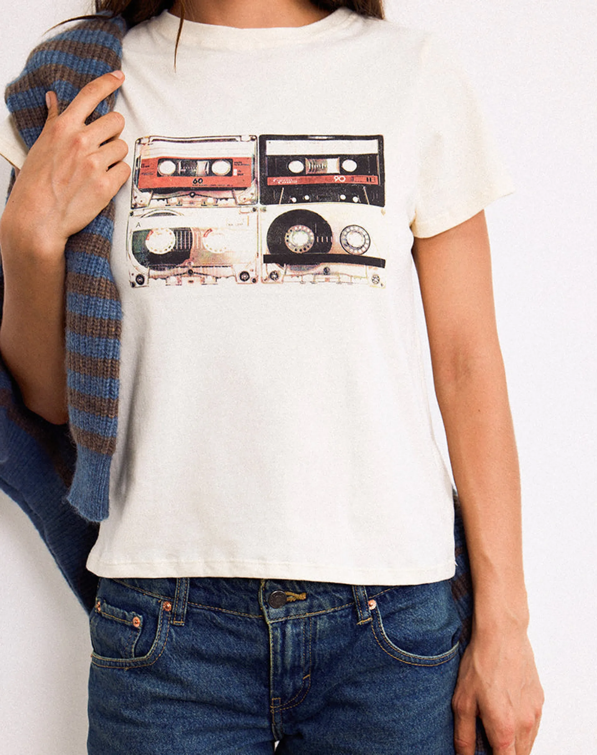 Motel Rocks Printed Tops | Tees-Saki Tee in Ivory with Retro Cassette Motif IvorywithRetroCassetteMotif