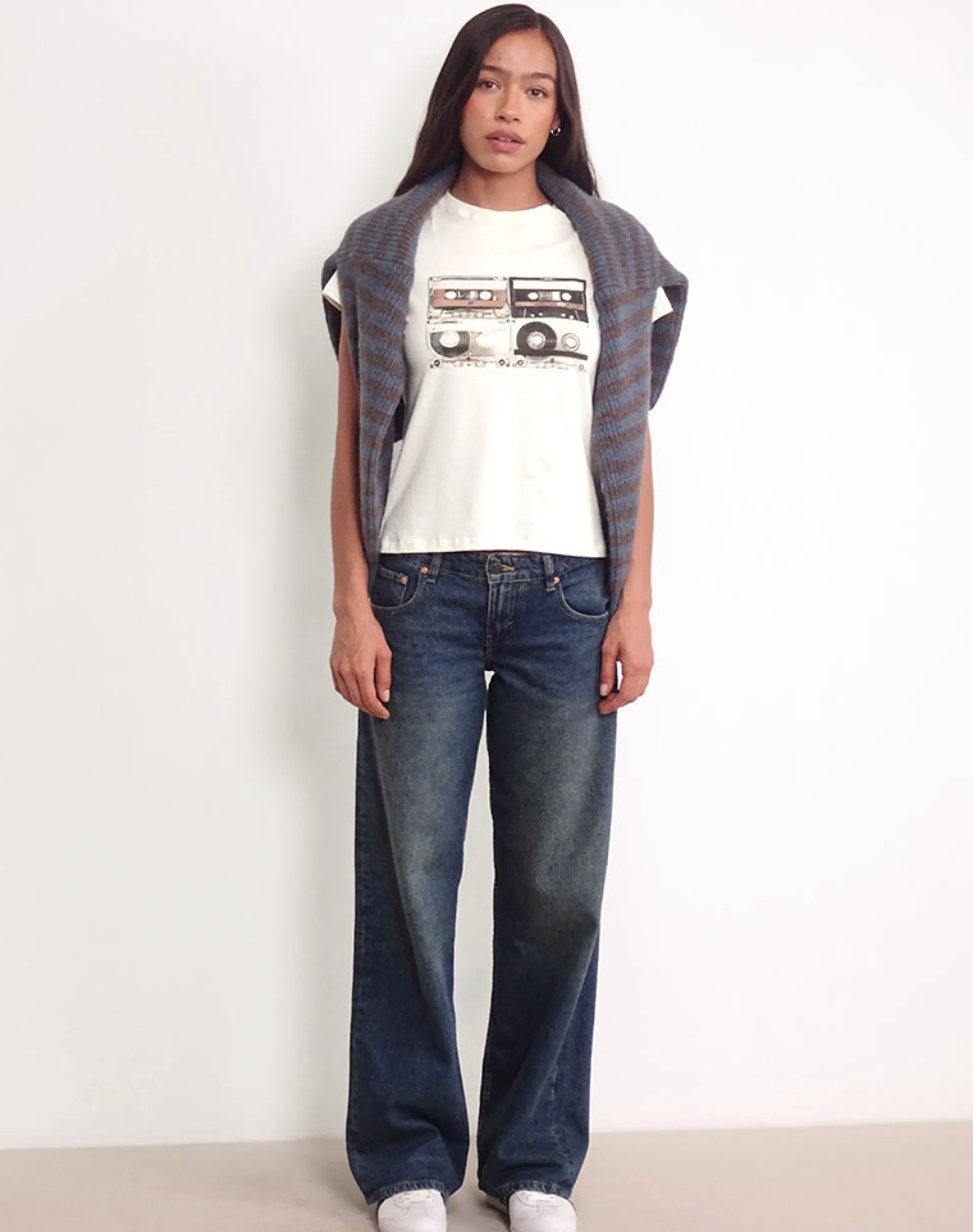 Motel Rocks Printed Tops | Tees-Saki Tee in Ivory with Retro Cassette Motif IvorywithRetroCassetteMotif