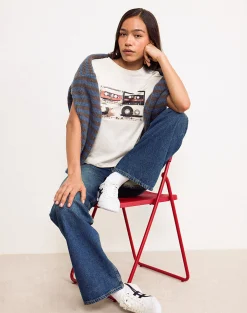 Motel Rocks Printed Tops | Tees-Saki Tee in Ivory with Retro Cassette Motif IvorywithRetroCassetteMotif