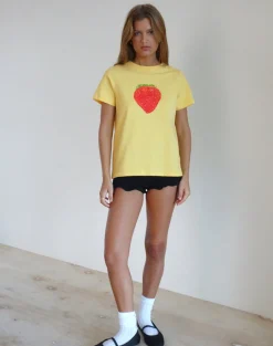 Motel Rocks Basic Tops | Printed Tops-Saki Tee in Lemonade Oversized Strawberry LemonadeOversizedStrawberry