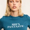 Motel Rocks Basic Tops | Printed Tops-Saki Tee in Mediterranean Blue with She's Fantastic Slogan MediterraneanBluewithShe'sFantasticSlogan