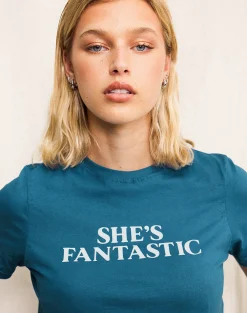 Motel Rocks Basic Tops | Printed Tops-Saki Tee in Mediterranean Blue with She's Fantastic Slogan MediterraneanBluewithShe'sFantasticSlogan