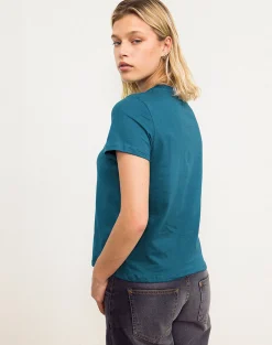 Motel Rocks Basic Tops | Printed Tops-Saki Tee in Mediterranean Blue with She's Fantastic Slogan MediterraneanBluewithShe'sFantasticSlogan
