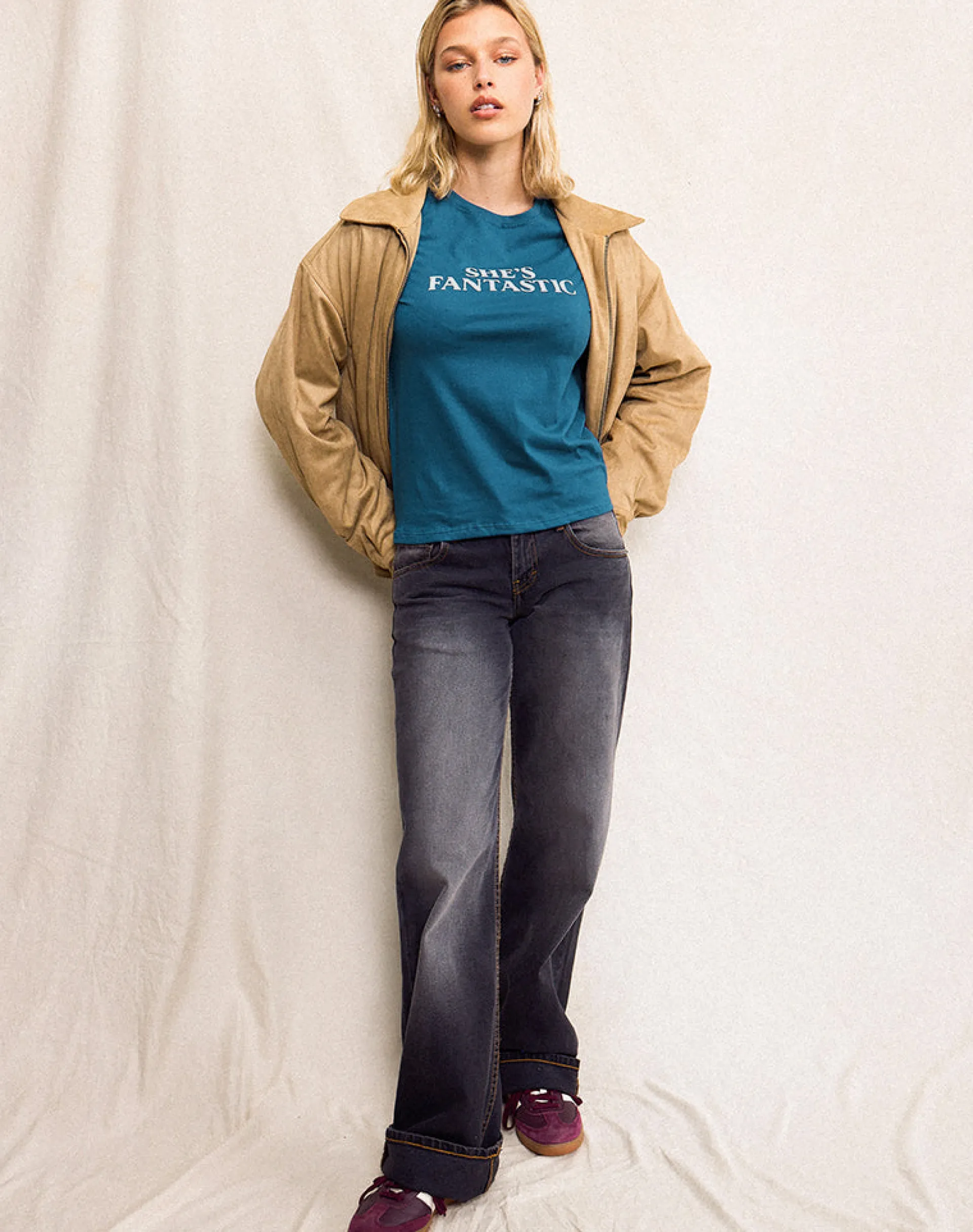 Motel Rocks Basic Tops | Printed Tops-Saki Tee in Mediterranean Blue with She's Fantastic Slogan MediterraneanBluewithShe'sFantasticSlogan