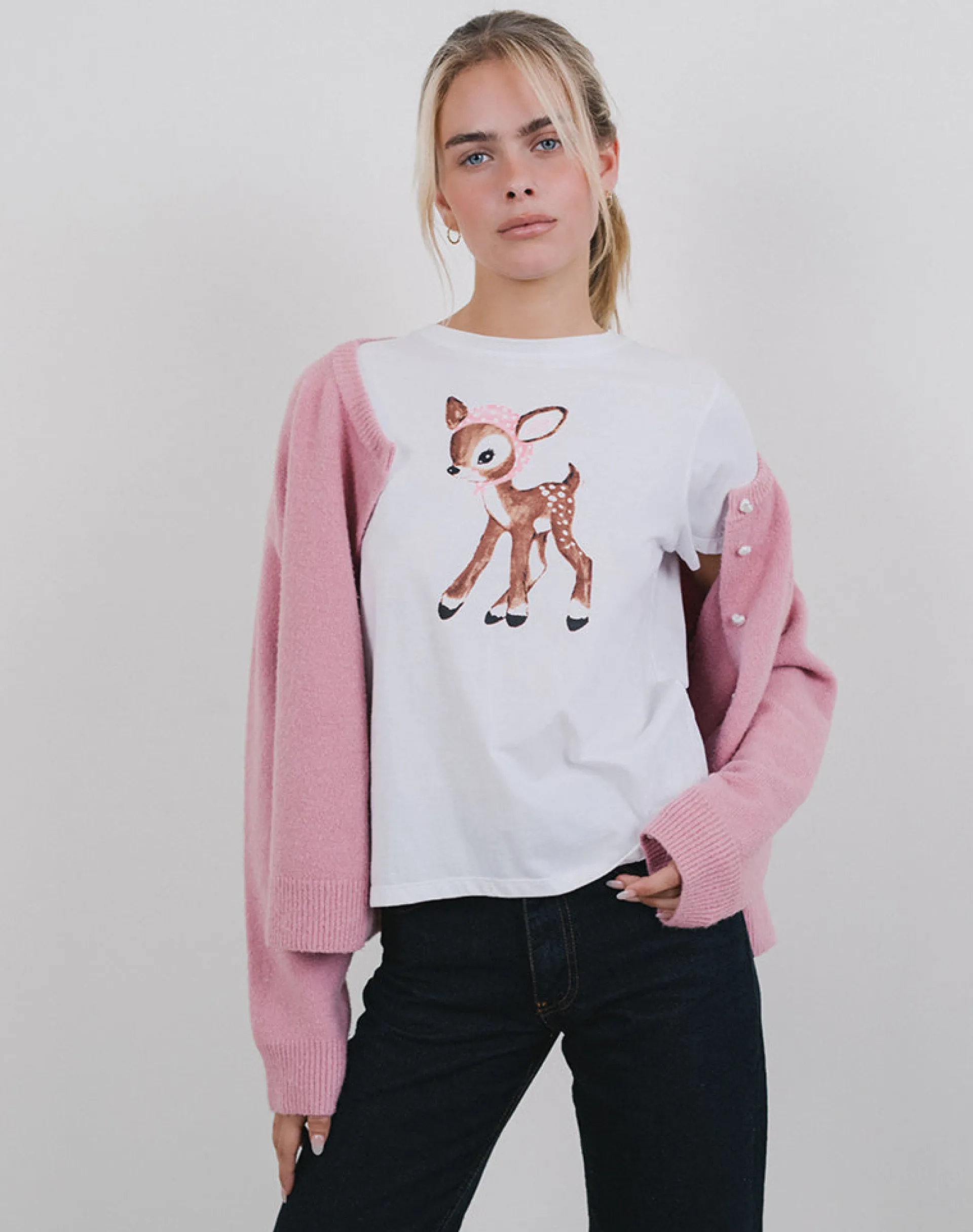 Motel Rocks Tees-Saki Tee in White Deer with Scarf WhiteDeerwithScarf