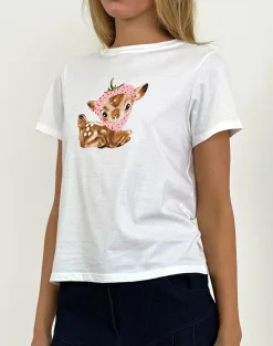 Motel Rocks Printed Tops | Tees-Saki Tee in White with Baby Deer Print WhitewithBabyDeerPrint