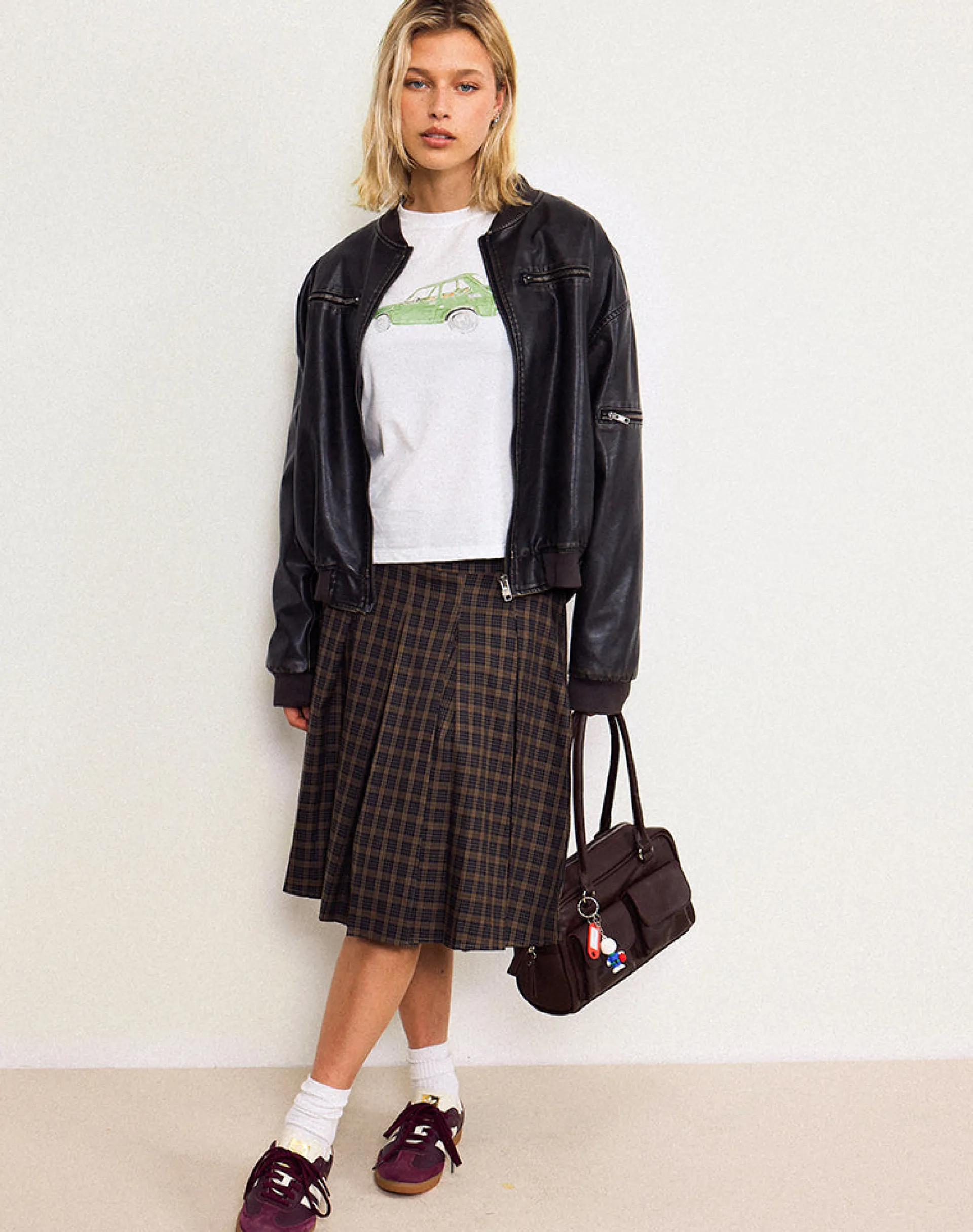 Motel Rocks Basic Tops | Printed Tops-Saki Tee in White with Green Car WhitewithGreenCar