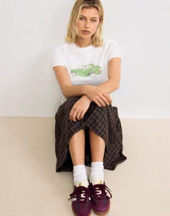 Motel Rocks Basic Tops | Printed Tops-Saki Tee in White with Green Car WhitewithGreenCar