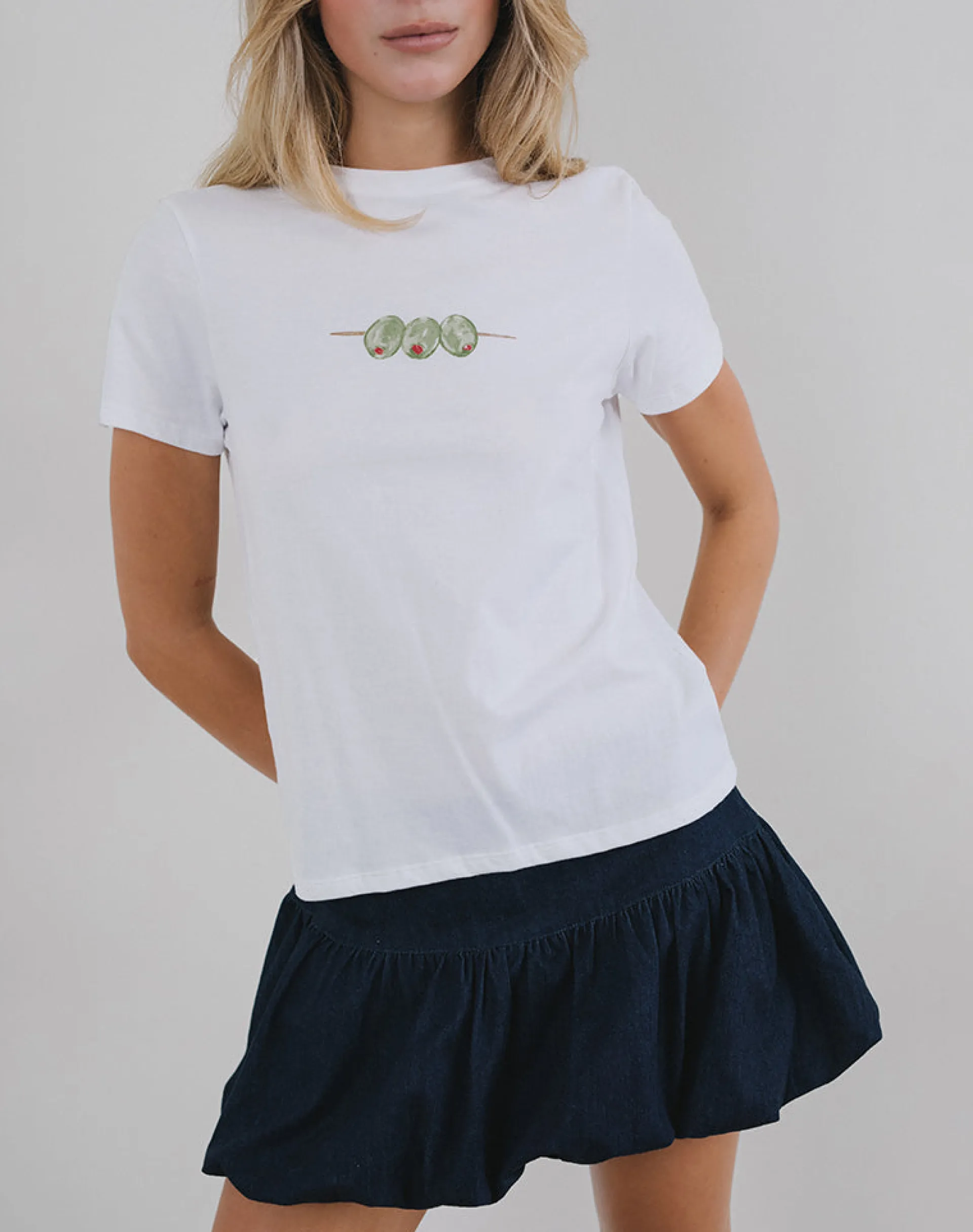 Motel Rocks Basic Tops | Tees-Saki Tee in White with Olives Graphic WhitewithOlivesGraphic