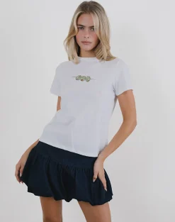 Motel Rocks Basic Tops | Tees-Saki Tee in White with Olives Graphic WhitewithOlivesGraphic