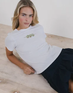 Motel Rocks Basic Tops | Tees-Saki Tee in White with Olives Graphic WhitewithOlivesGraphic