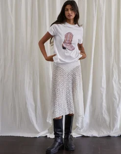 Motel Rocks Printed Tops | Tees-Saki Tee in White with Pink Cowboy Boot Print WhitewithPinkCowboyBootPrint