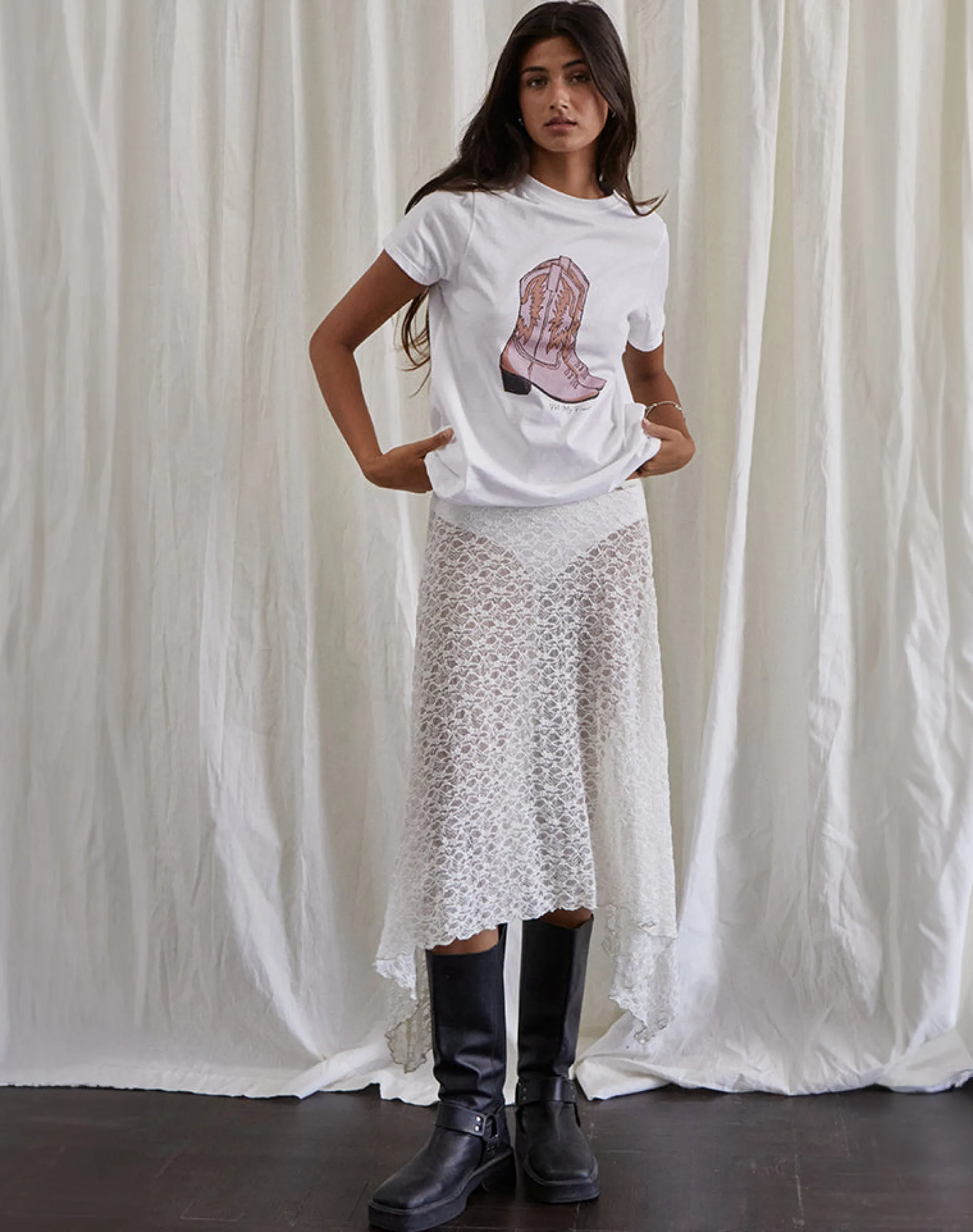 Motel Rocks Printed Tops | Tees-Saki Tee in White with Pink Cowboy Boot Print WhitewithPinkCowboyBootPrint