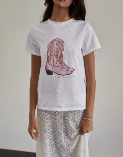 Motel Rocks Printed Tops | Tees-Saki Tee in White with Pink Cowboy Boot Print WhitewithPinkCowboyBootPrint