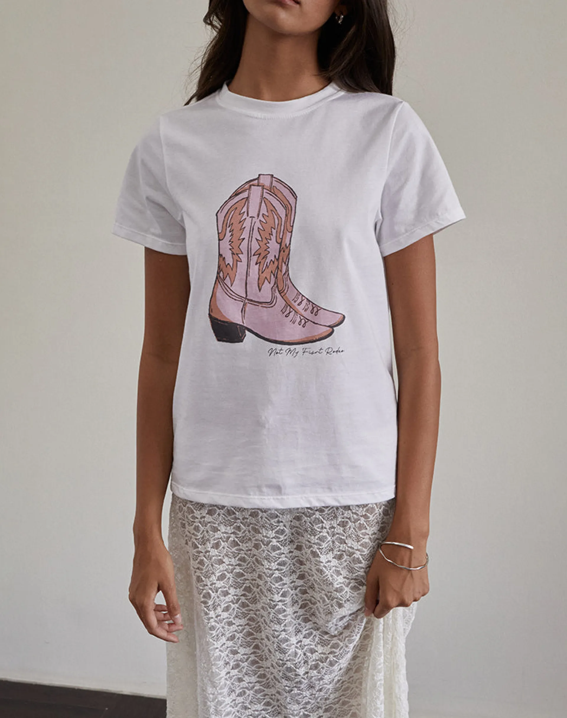Motel Rocks Printed Tops | Tees-Saki Tee in White with Pink Cowboy Boot Print WhitewithPinkCowboyBootPrint