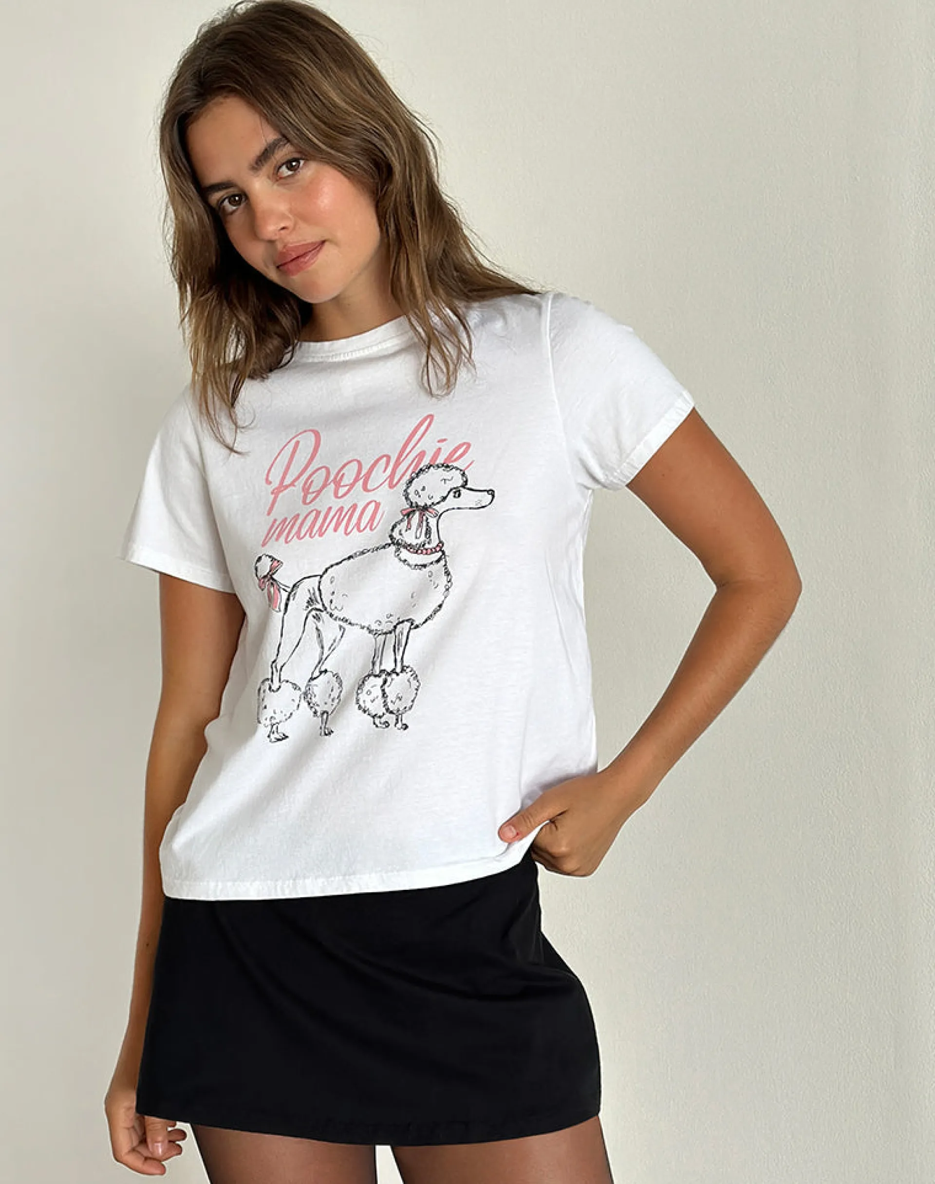 Motel Rocks Basic Tops | Tees-Saki Tee in White with Poodle Graphic WhitewithPoodleGraphic