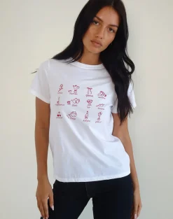 Motel Rocks Tees-Saki Tee in White with Red Star Signs Print WhitewithRedStarSignsPrint